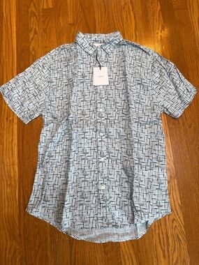 Onia Jack SS Shirt Light Blue Short Sleeve Button-Up with Black Geometric Print